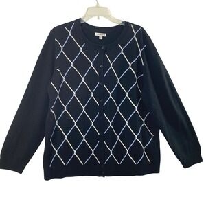 Croft‎ & Barrow Cardigan Womens Plus XXL Black Argyle Knit Sweater Preppy Y2K